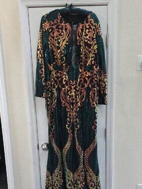 Emerald Green Sequin Long Sleeve Maxi Dress with Gold Scrollwork